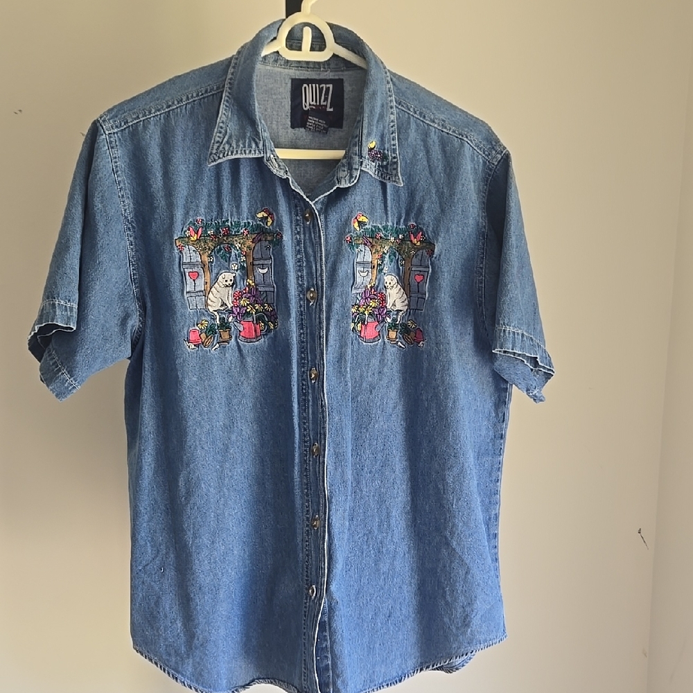 Vintage 90's Quiz Denim Garden Cat Scene Cottage Core with Embroidery Size:Small
